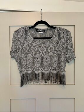 Vintage 80s Sharade Nites Silver Metallic Fringe Crop Top Lace Knit Size 10